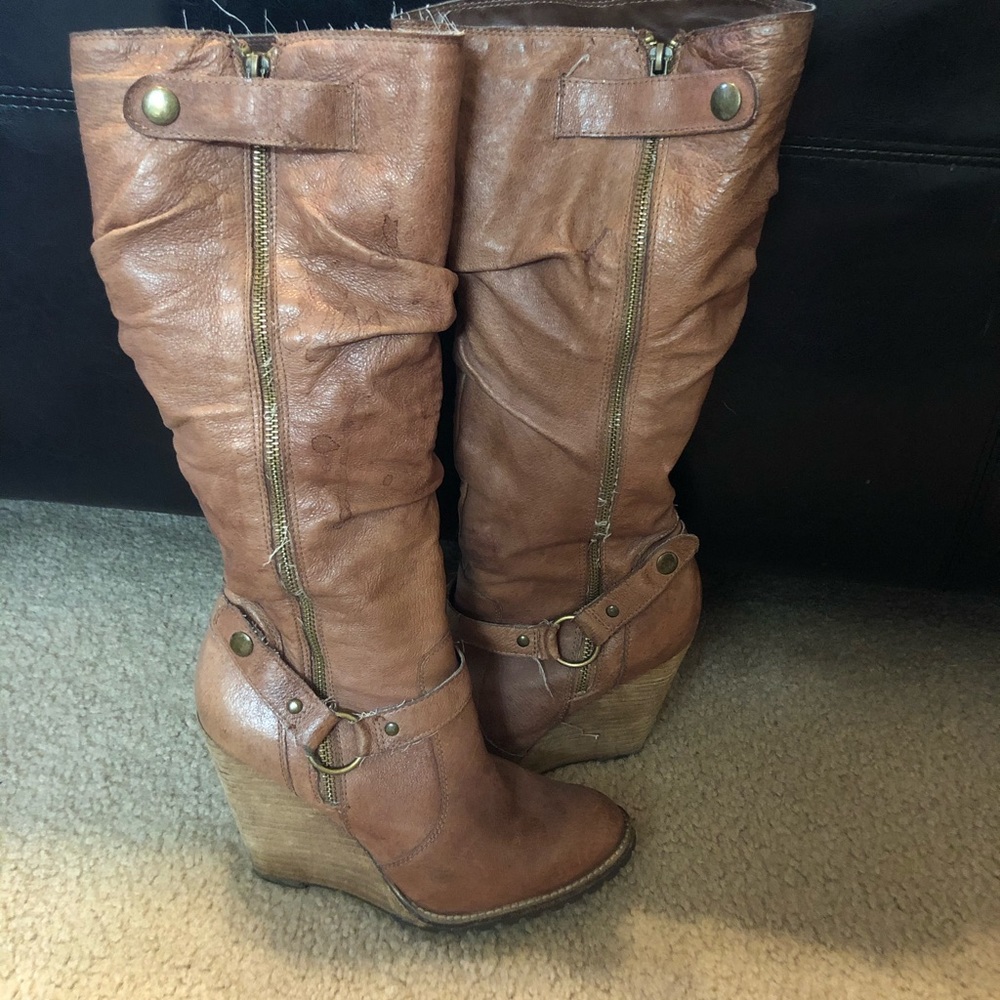 Brown heeled boots.